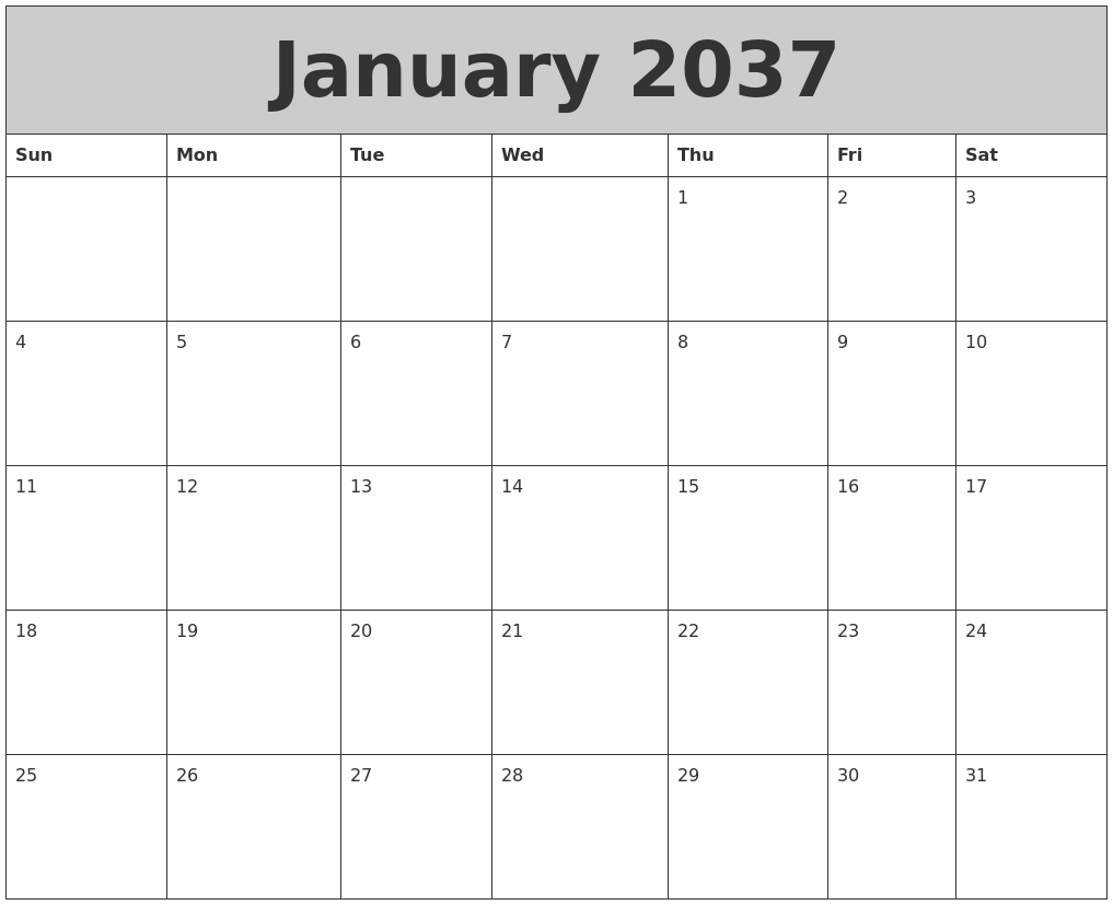January 2037 My Calendar