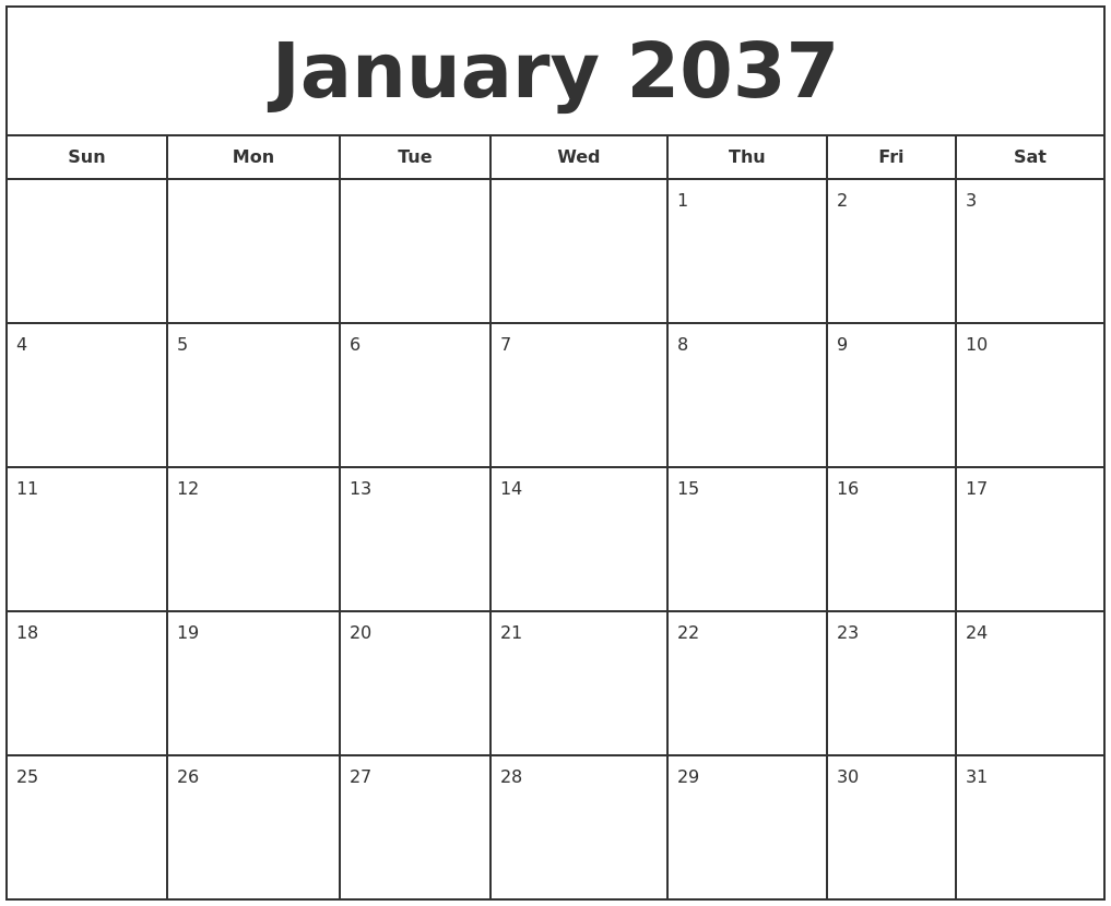 January 2037 Print Free Calendar