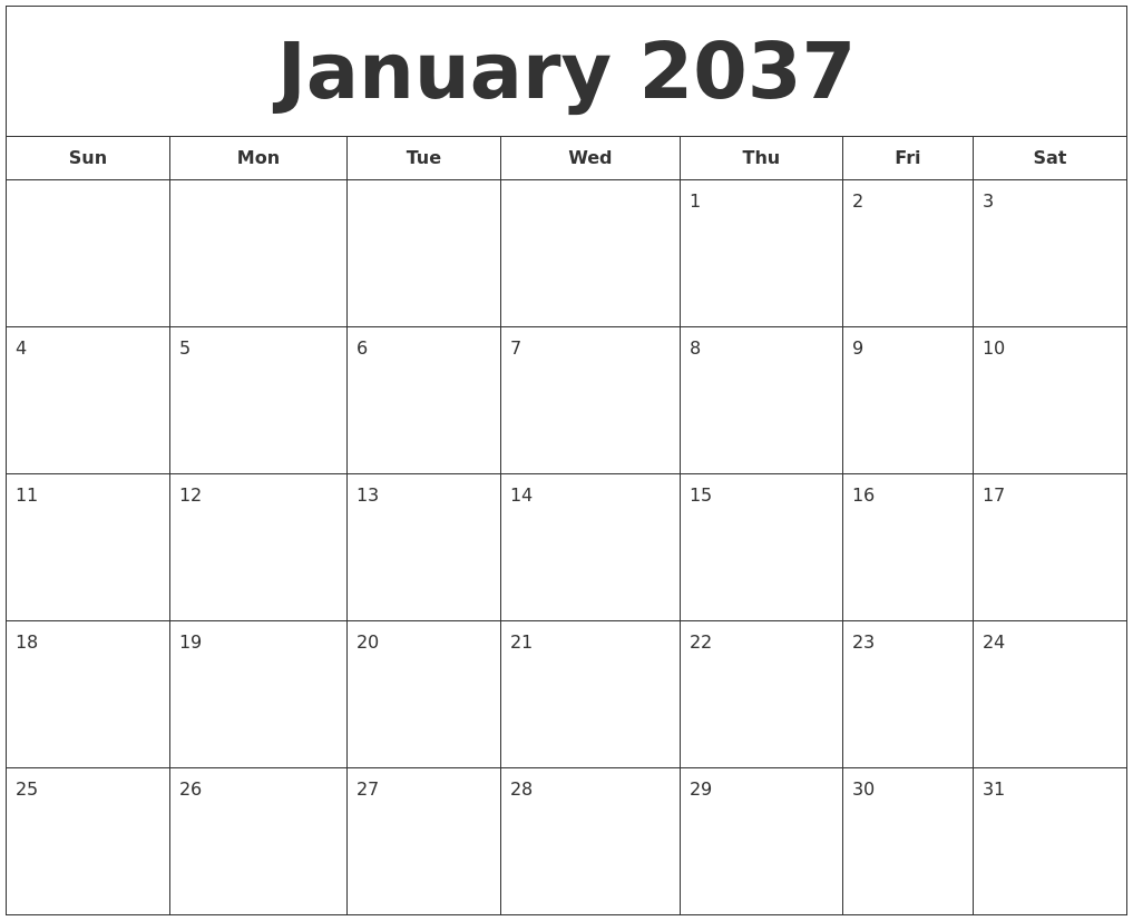 January 2037 Printable Calendar
