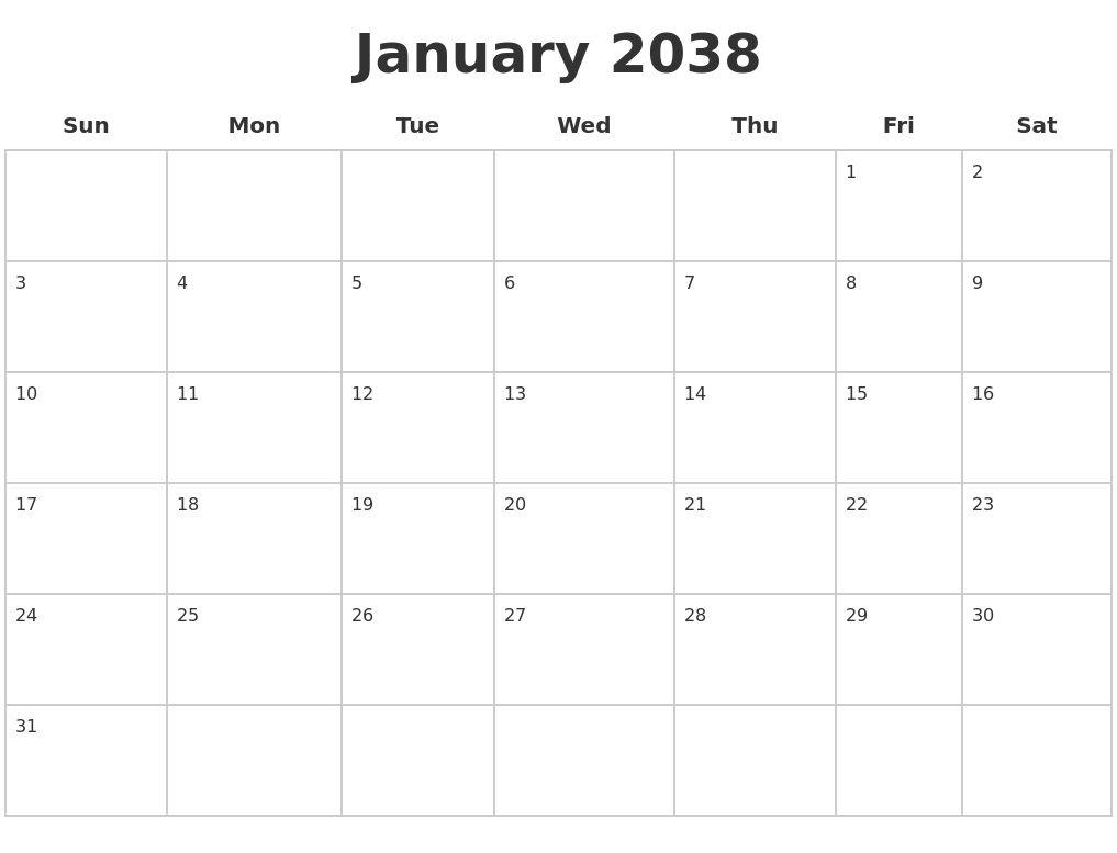 January 2038 Blank Calendar Pages