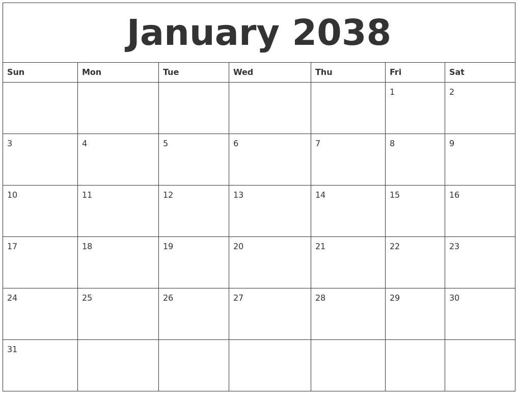 January 2038 Blank Calendar To Print