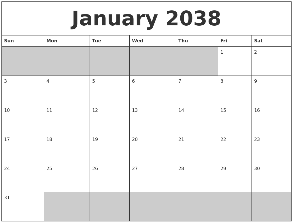 January 2038 Blank Printable Calendar