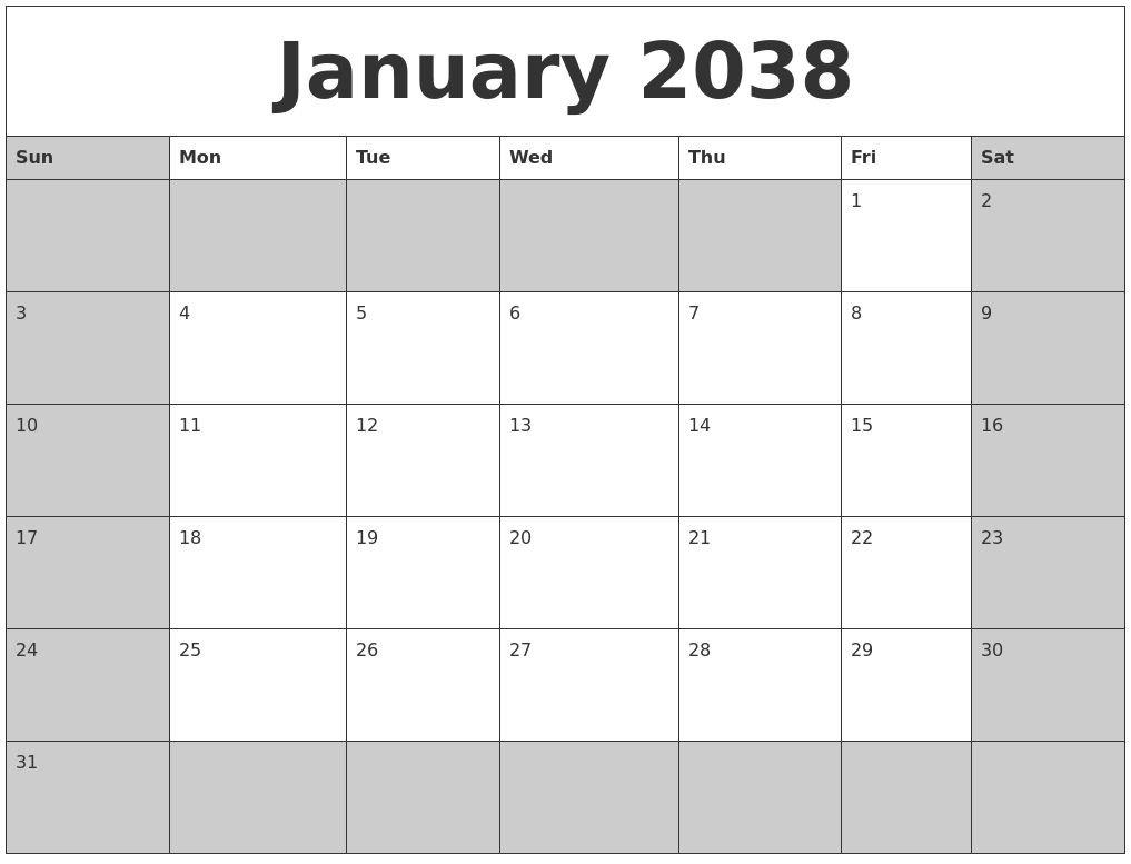 January 2038 Calanders