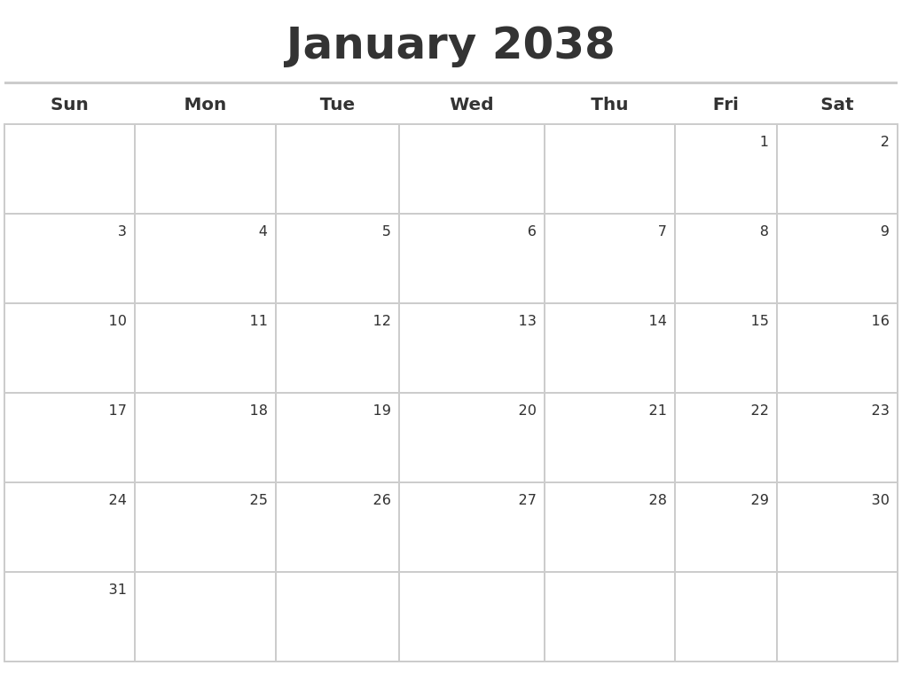 January 2038 Calendar Maker