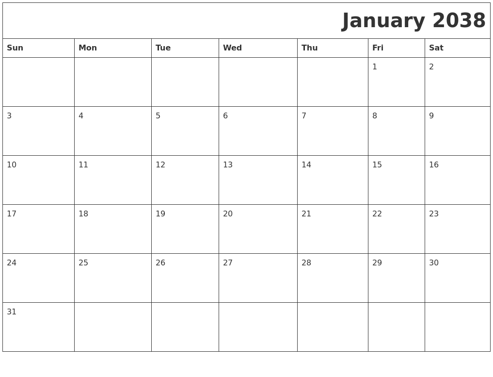 January 2038 Download Calendar