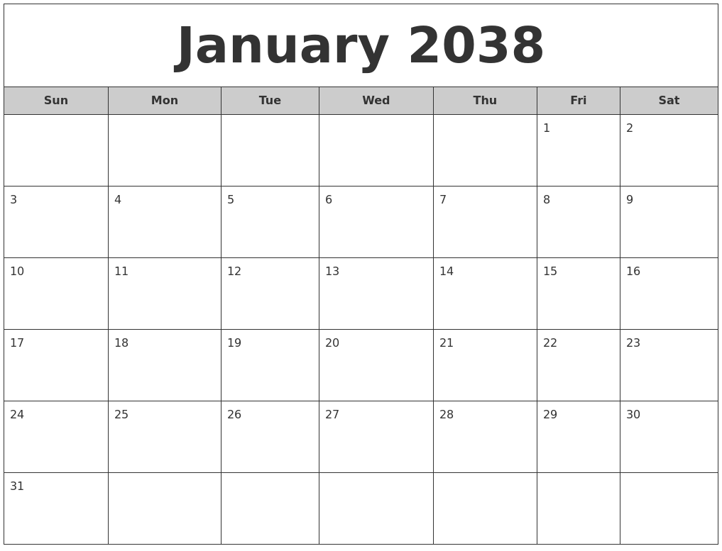 January 2038 Free Monthly Calendar