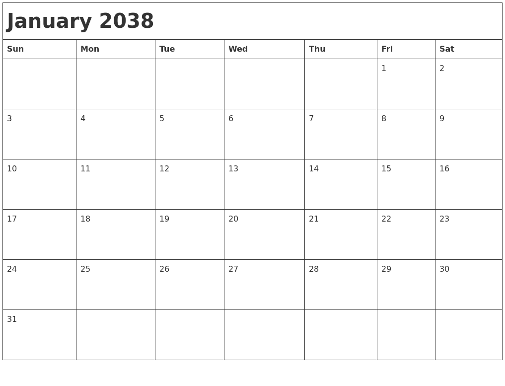 January 2038 Month Calendar