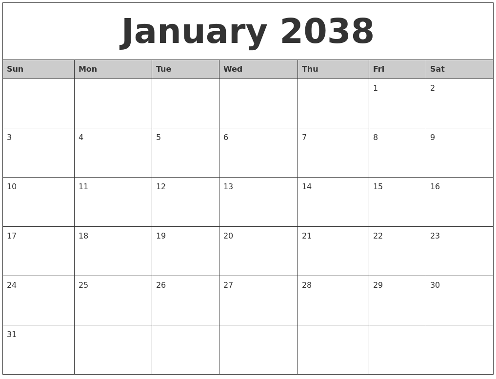 January 2038 Monthly Calendar Printable
