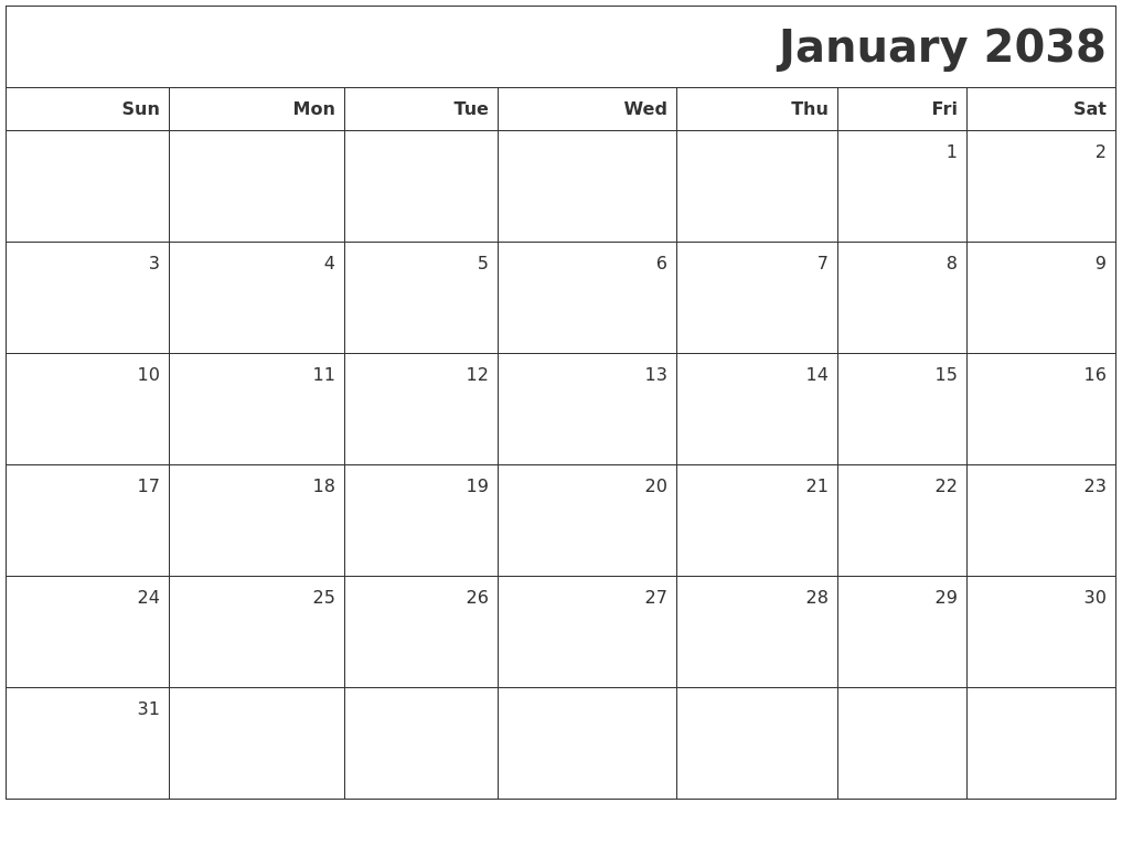 January 2038 Printable Blank Calendar