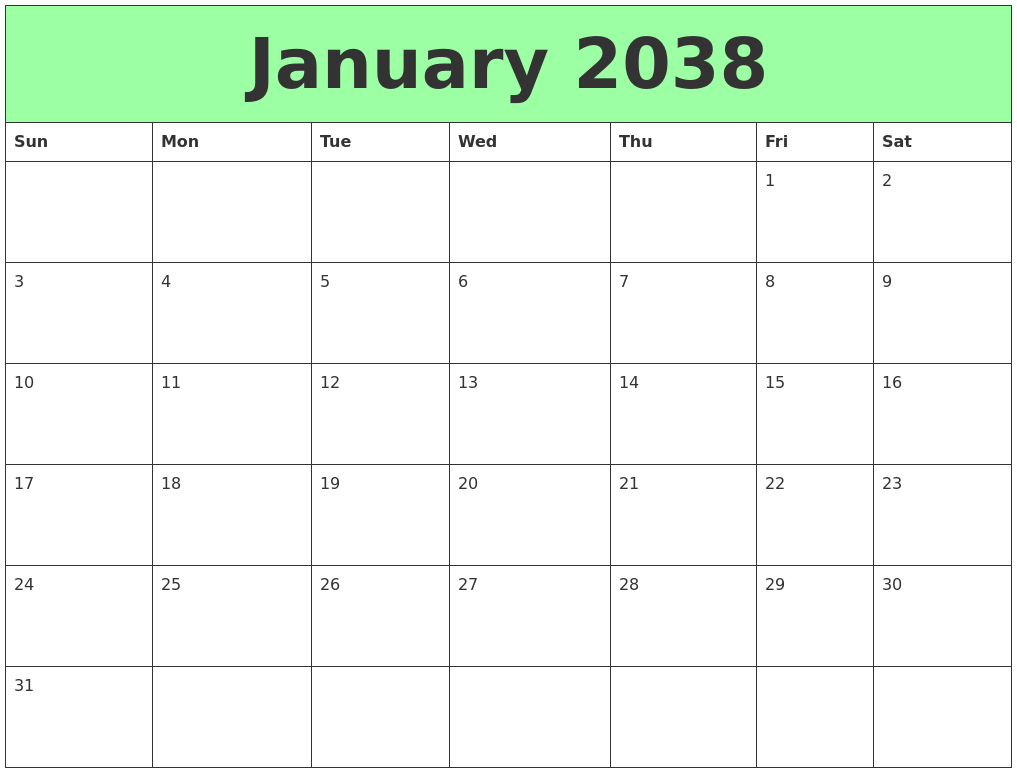 January 2038 Printable Calendars