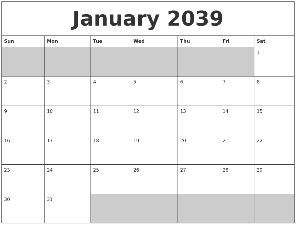 January 2039 Blank Printable Calendar