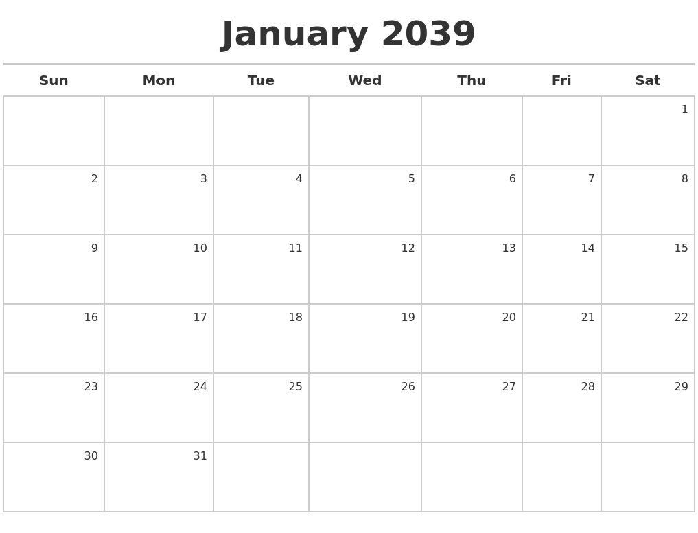 January 2039 Calendar Maker