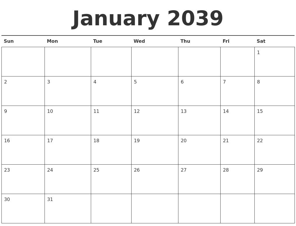 January 2039 Calendar Printable
