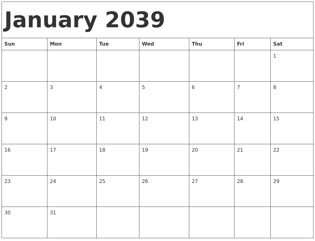 January 2039 Calendar Template