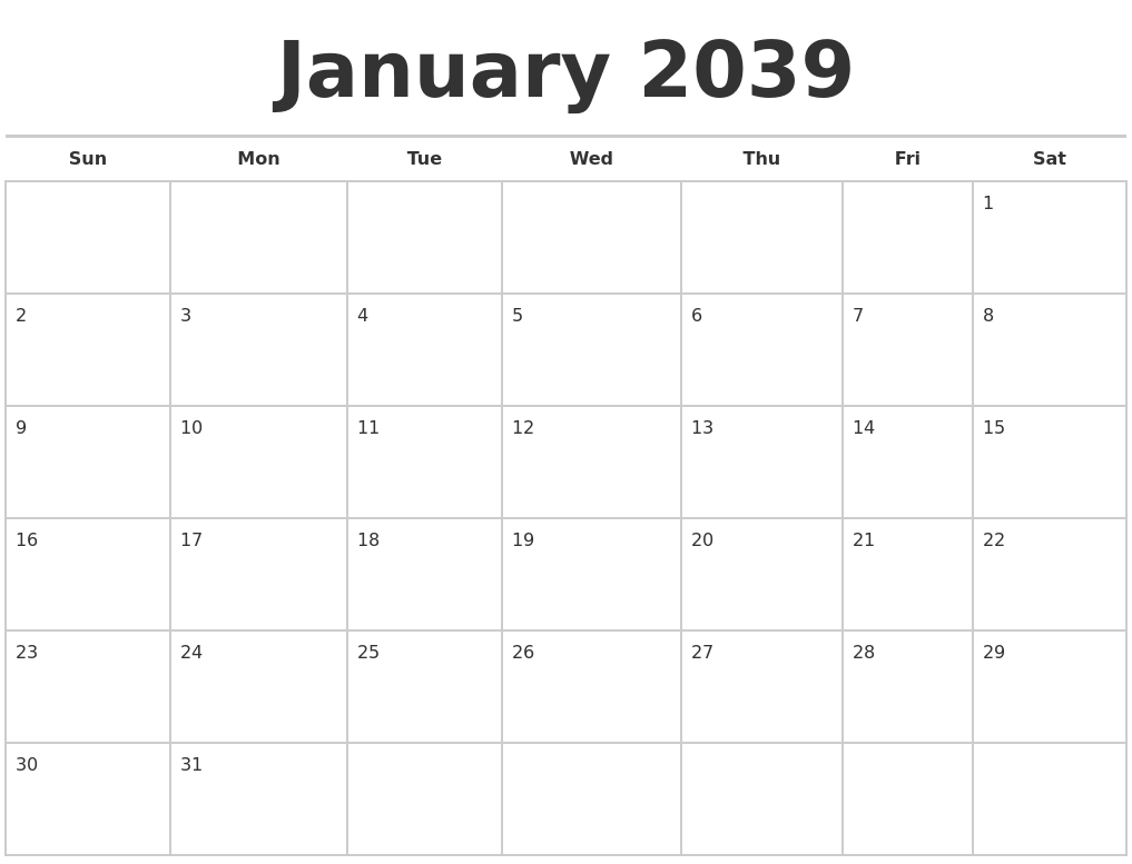 January 2039 Calendars Free