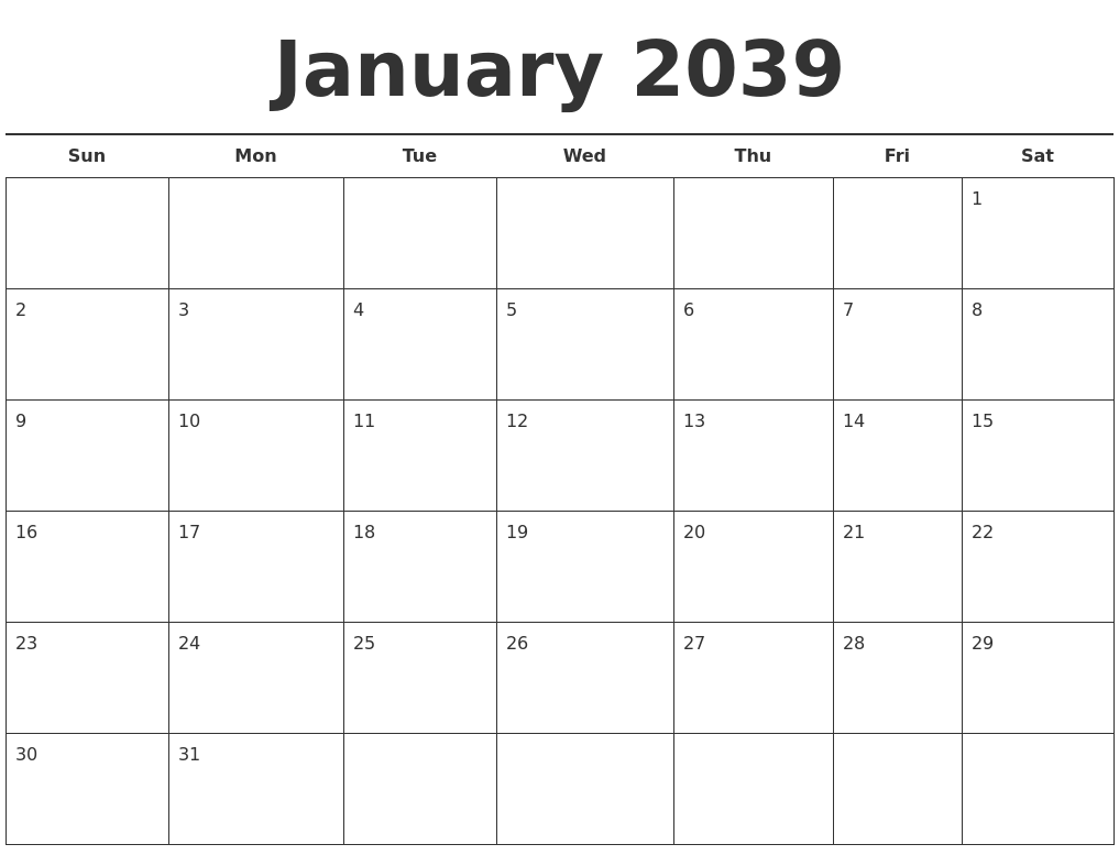 January 2039 Free Calendar Template