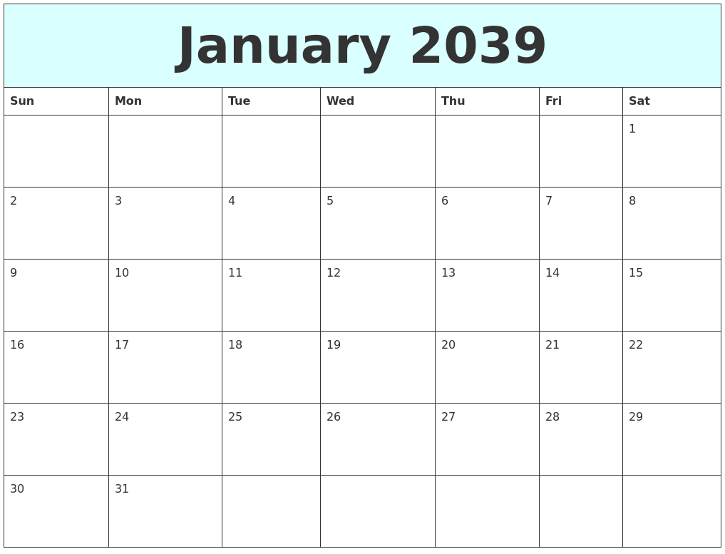 January 2039 Free Calendar