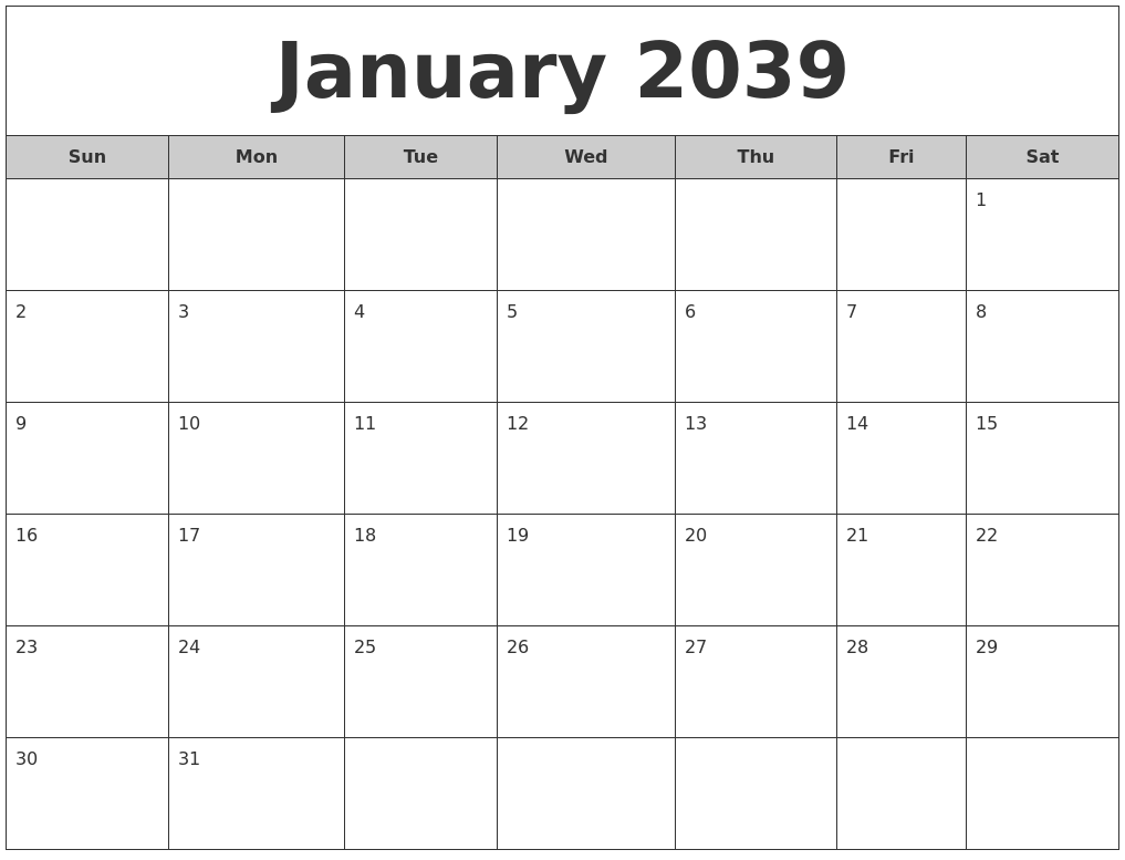 January 2039 Free Monthly Calendar