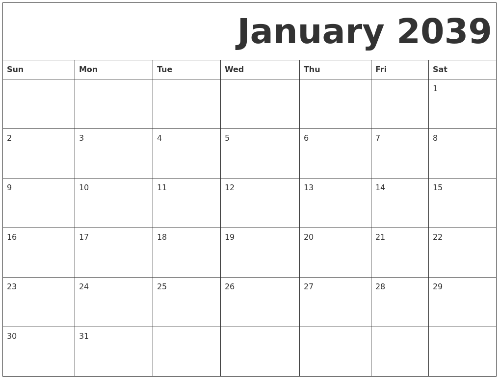 January 2039 Free Printable Calendar
