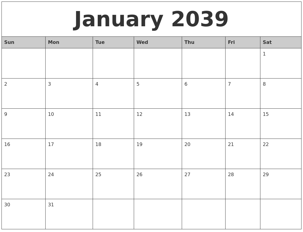 January 2039 Monthly Calendar Printable