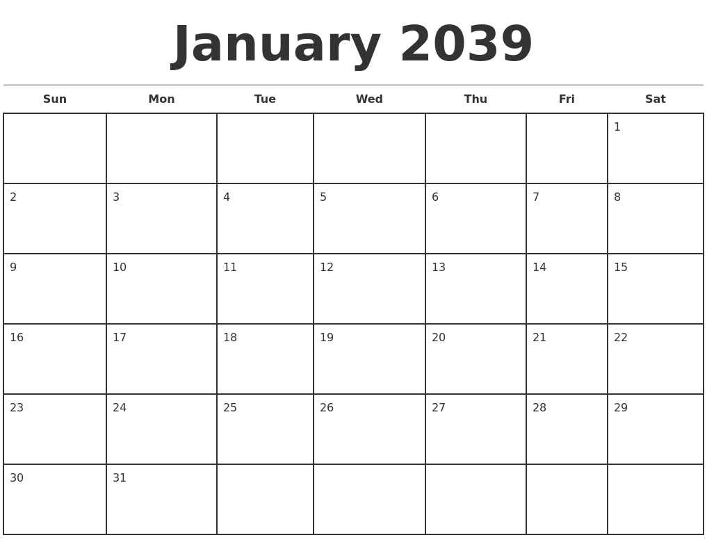 January 2039 Monthly Calendar Template
