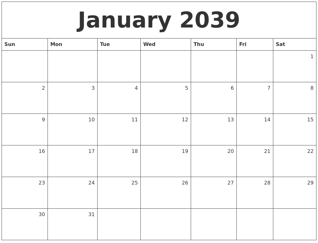 January 2039 Monthly Calendar