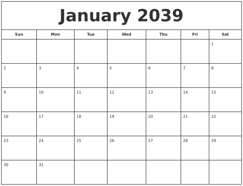 January 2039 Print Free Calendar