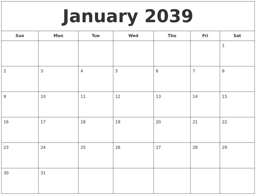 January 2039 Printable Calendar