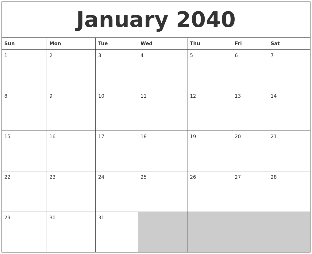January 2040 Blank Printable Calendar