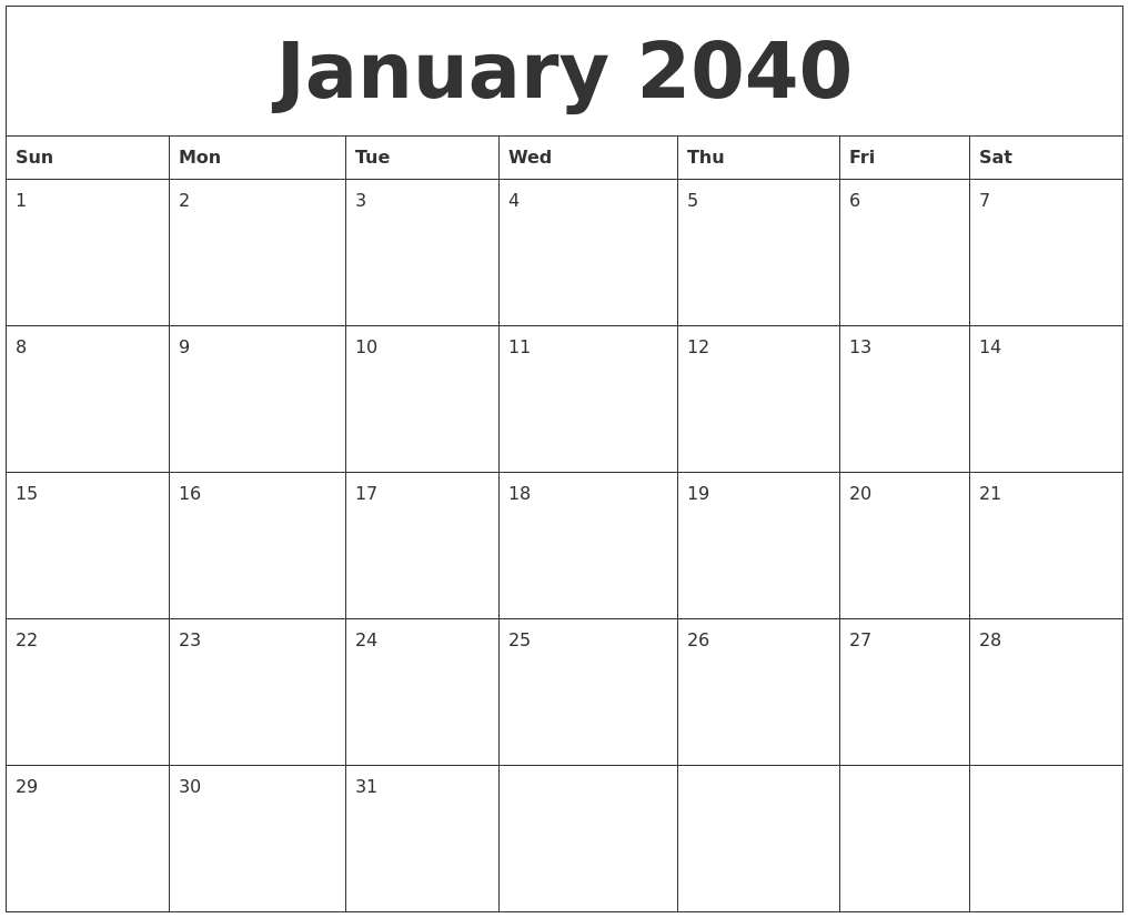 January 2040 Calendar Free Printable