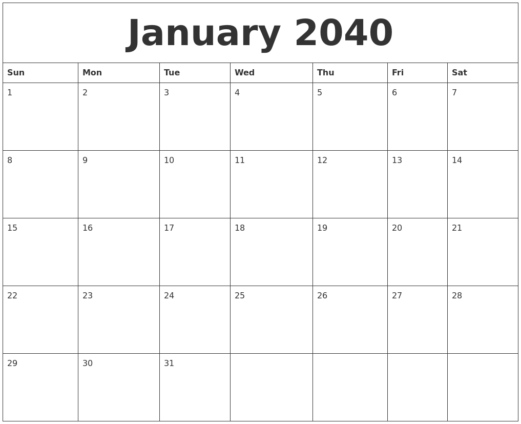 January 2040 Calendar Templates Free