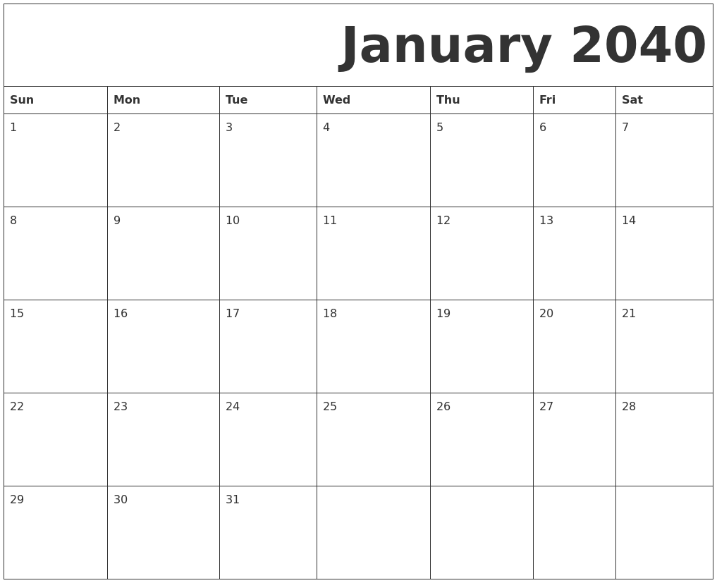 January 2040 Free Printable Calendar