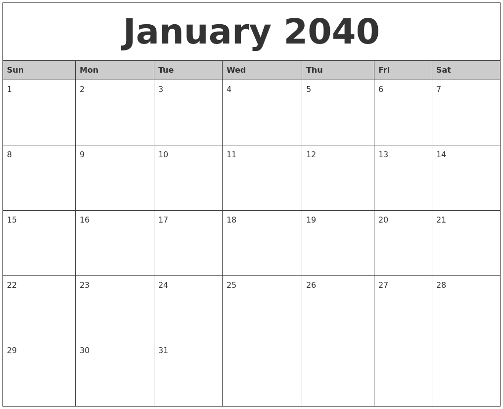January 2040 Monthly Calendar Printable