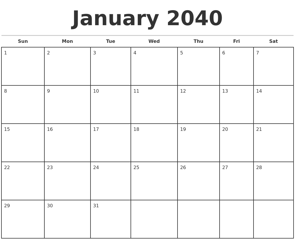 January 2040 Monthly Calendar Template