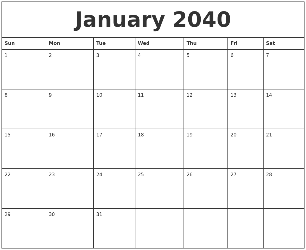 January 2040 Printable Monthly Calendar