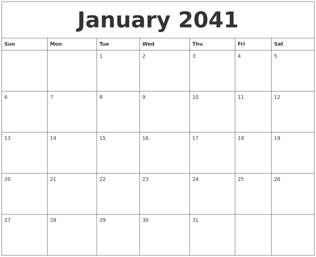 January 2041 Blank Monthly Calendar Template