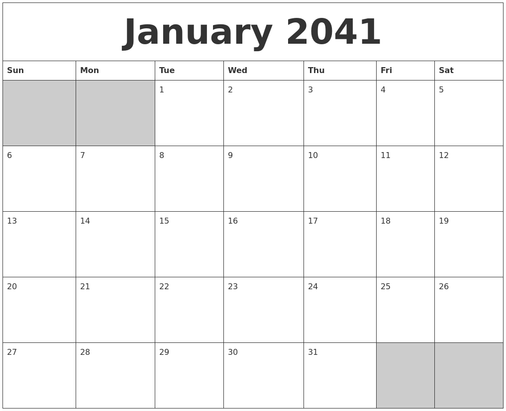 January 2041 Blank Printable Calendar