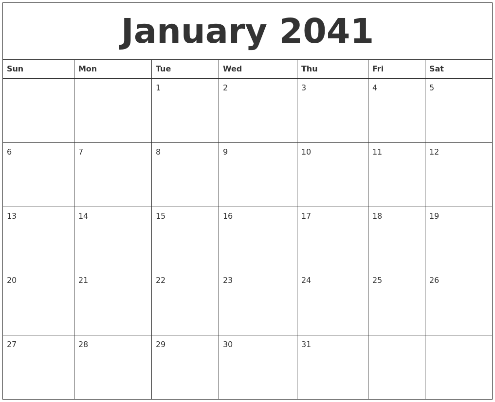 January 2041 Free Printable Calendar Templates