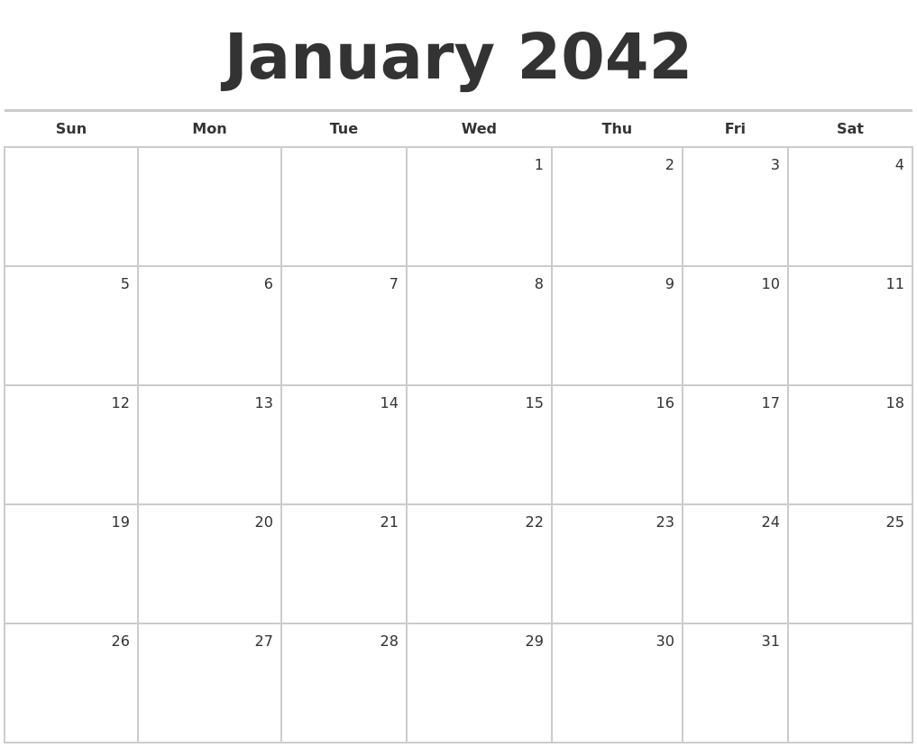 January 2042 Blank Monthly Calendar
