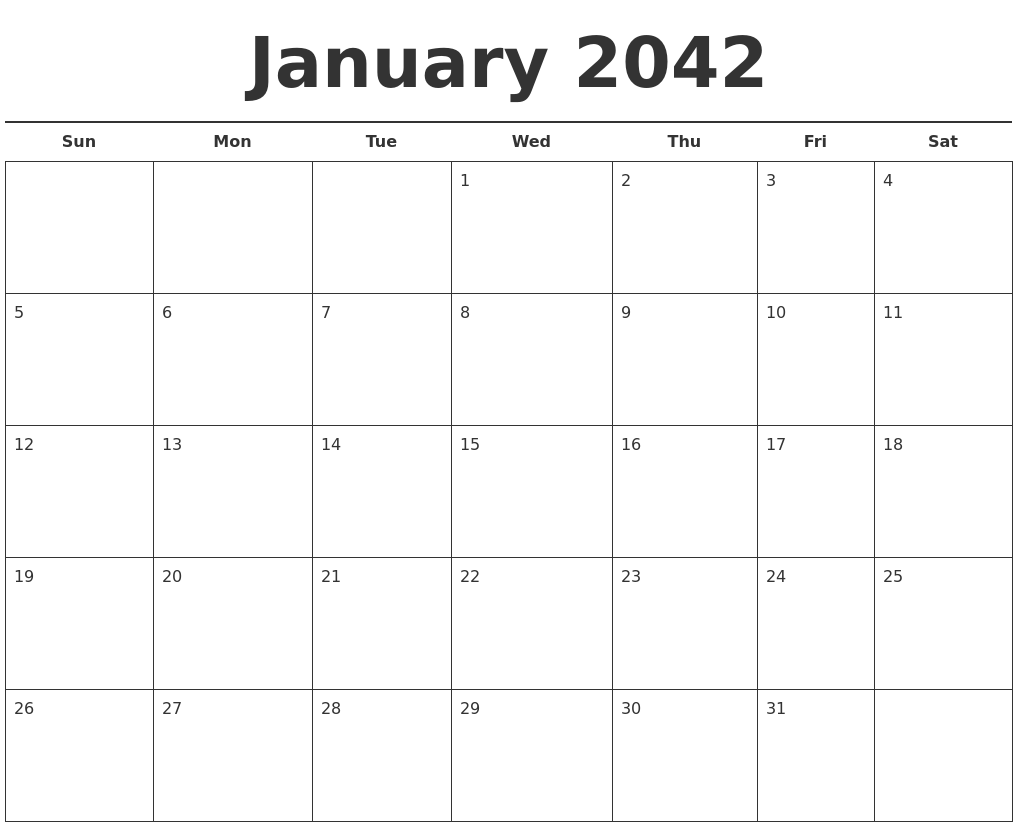 January 2042 Free Calendar Template