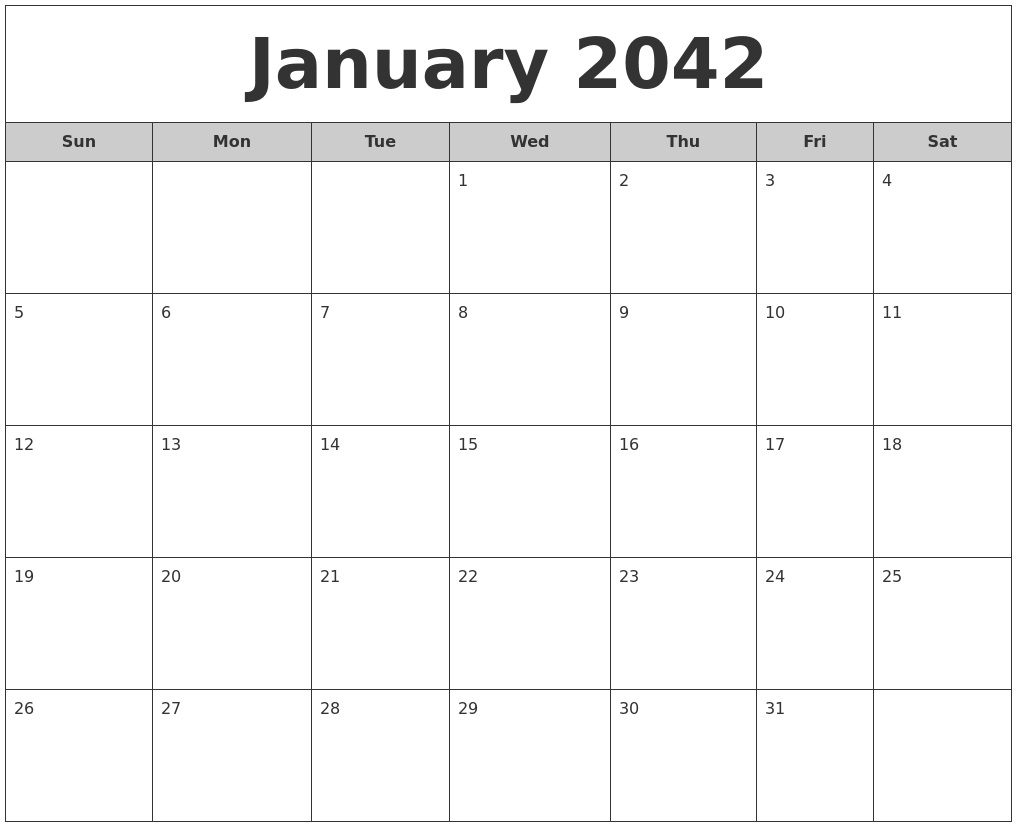 January 2042 Free Monthly Calendar