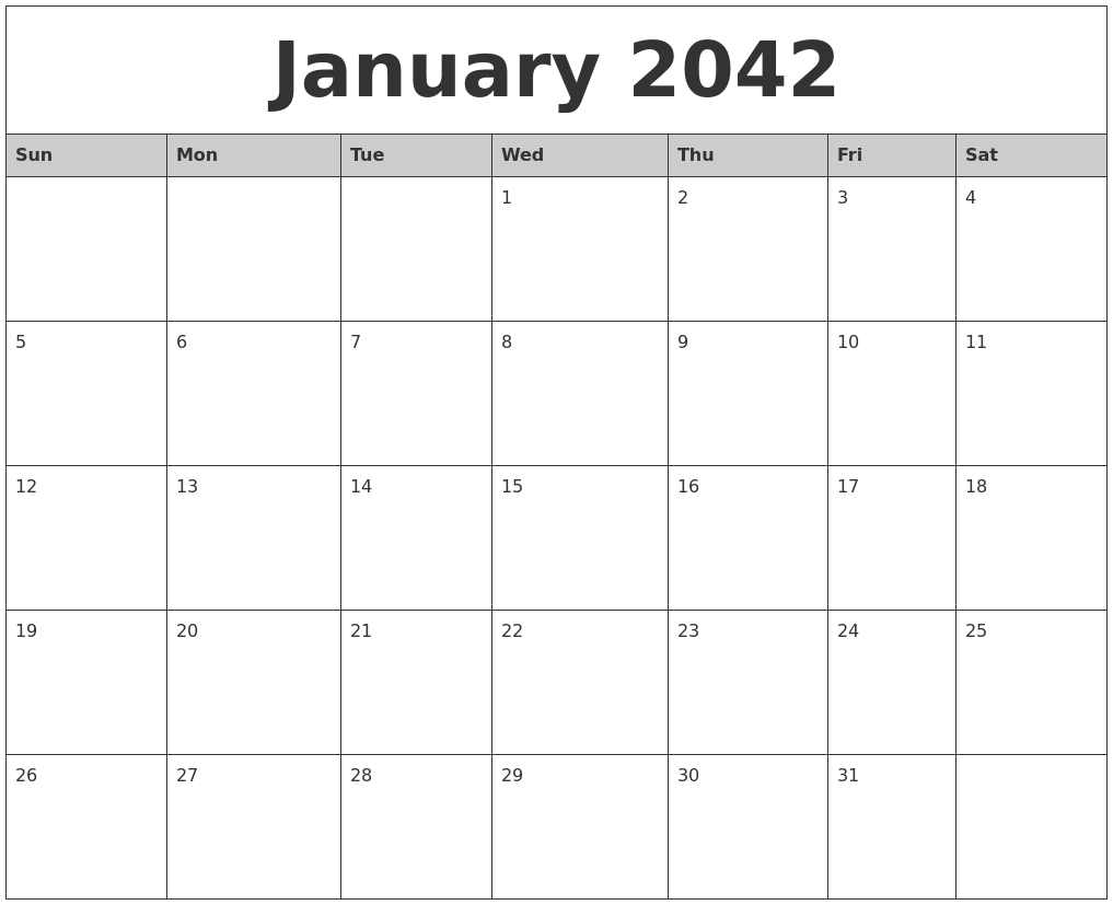 January 2042 Monthly Calendar Printable