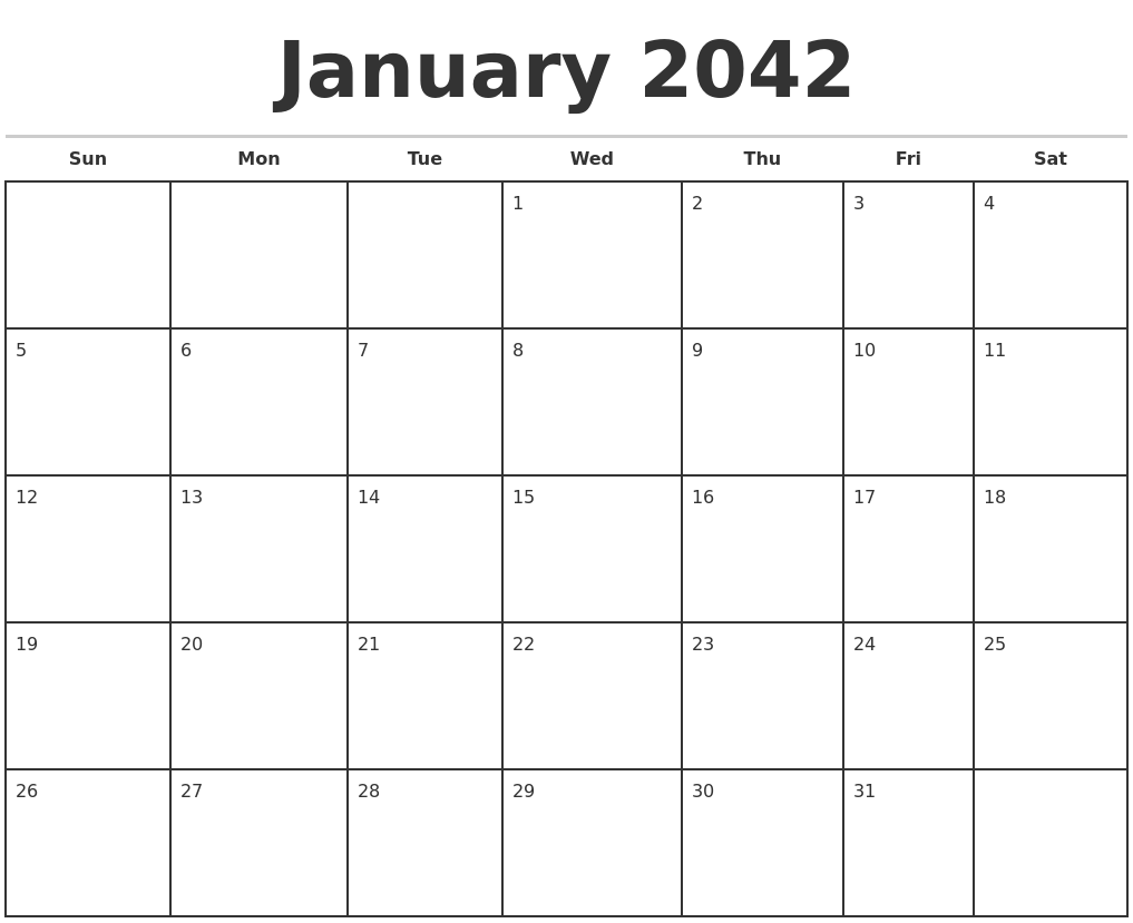 January 2042 Monthly Calendar Template