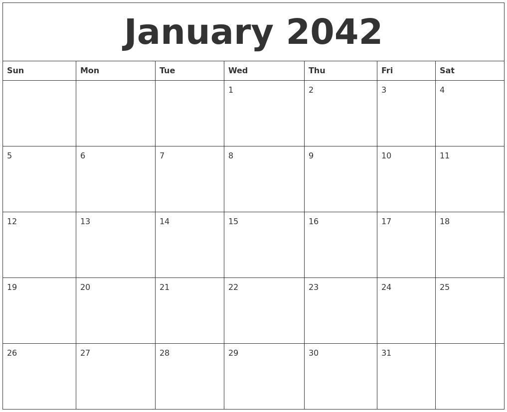 January 2042 Monthly Calendar To Print
