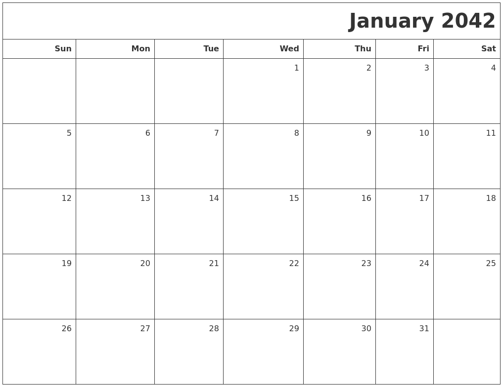 January 2042 Printable Blank Calendar