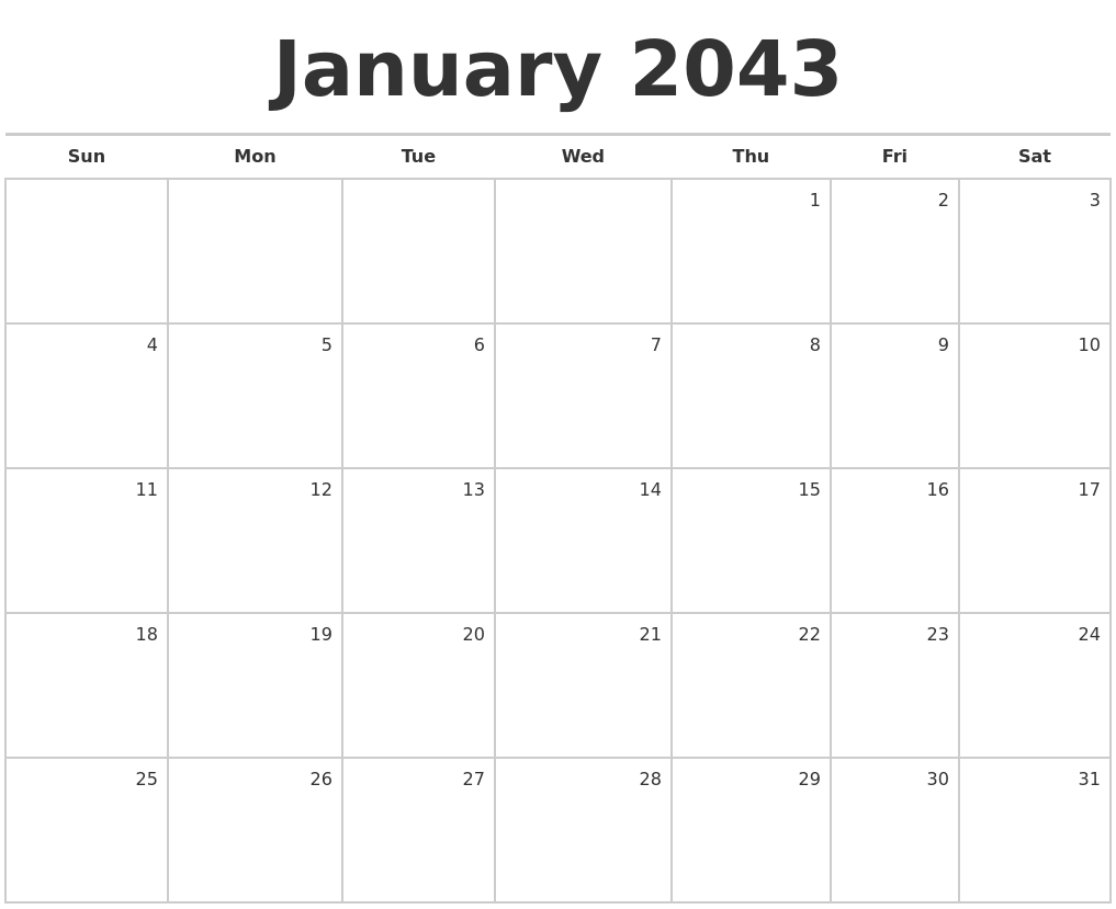 January 2043 Blank Monthly Calendar