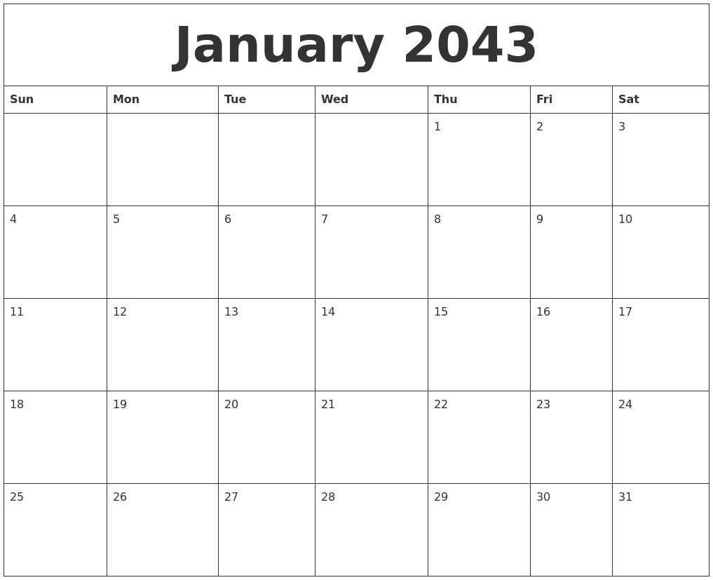 January 2043 Calendar Layout
