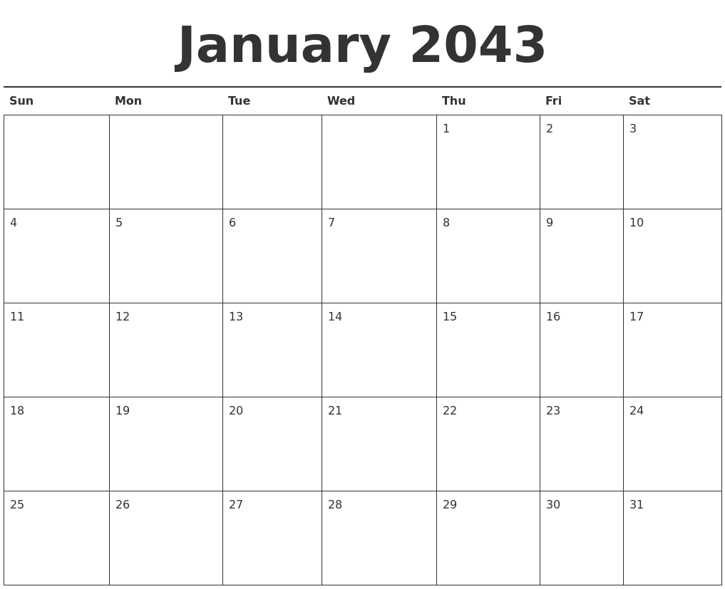 January 2043 Calendar Printable