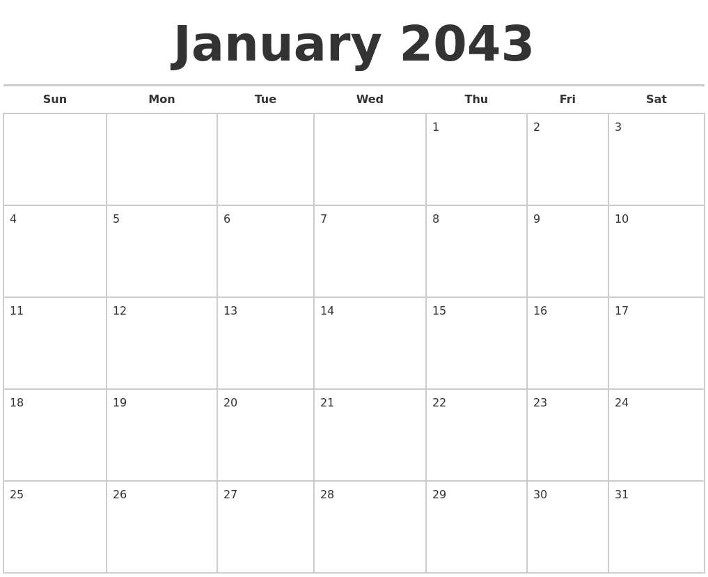 January 2043 Calendars Free