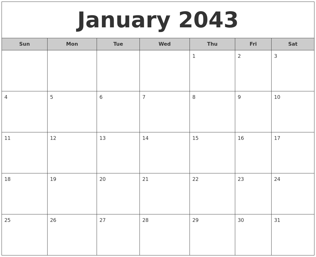 January 2043 Free Monthly Calendar